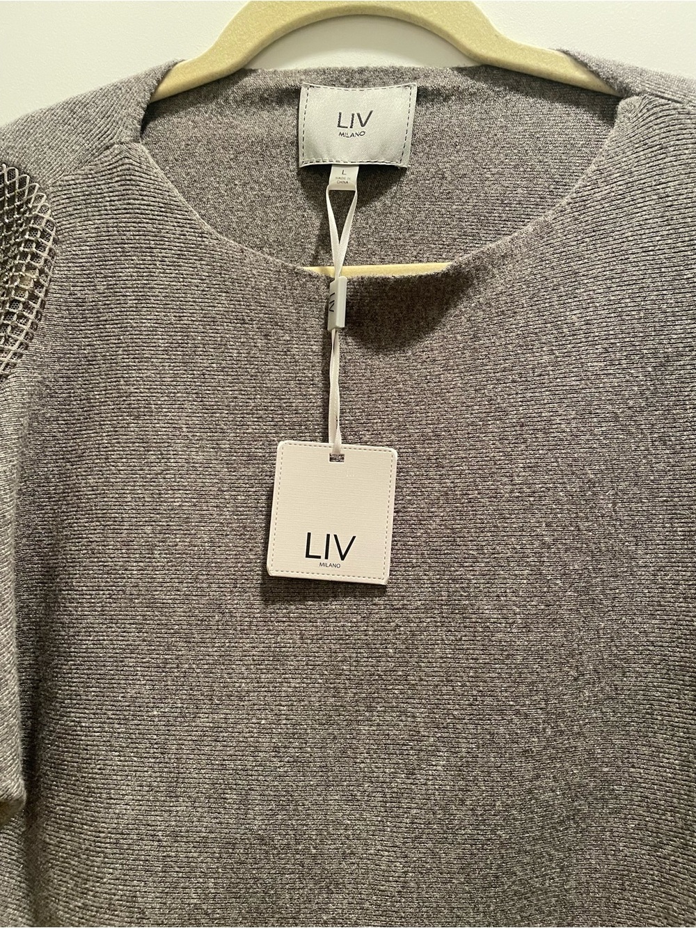 Milano Gray Knit Sweater with Mesh Shoulder Detail - Picture 2 of 3